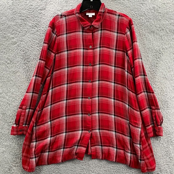 J Jill Shirt Womens Medium Button Up Blouse Top Plaid Red - Picture 1 of 9